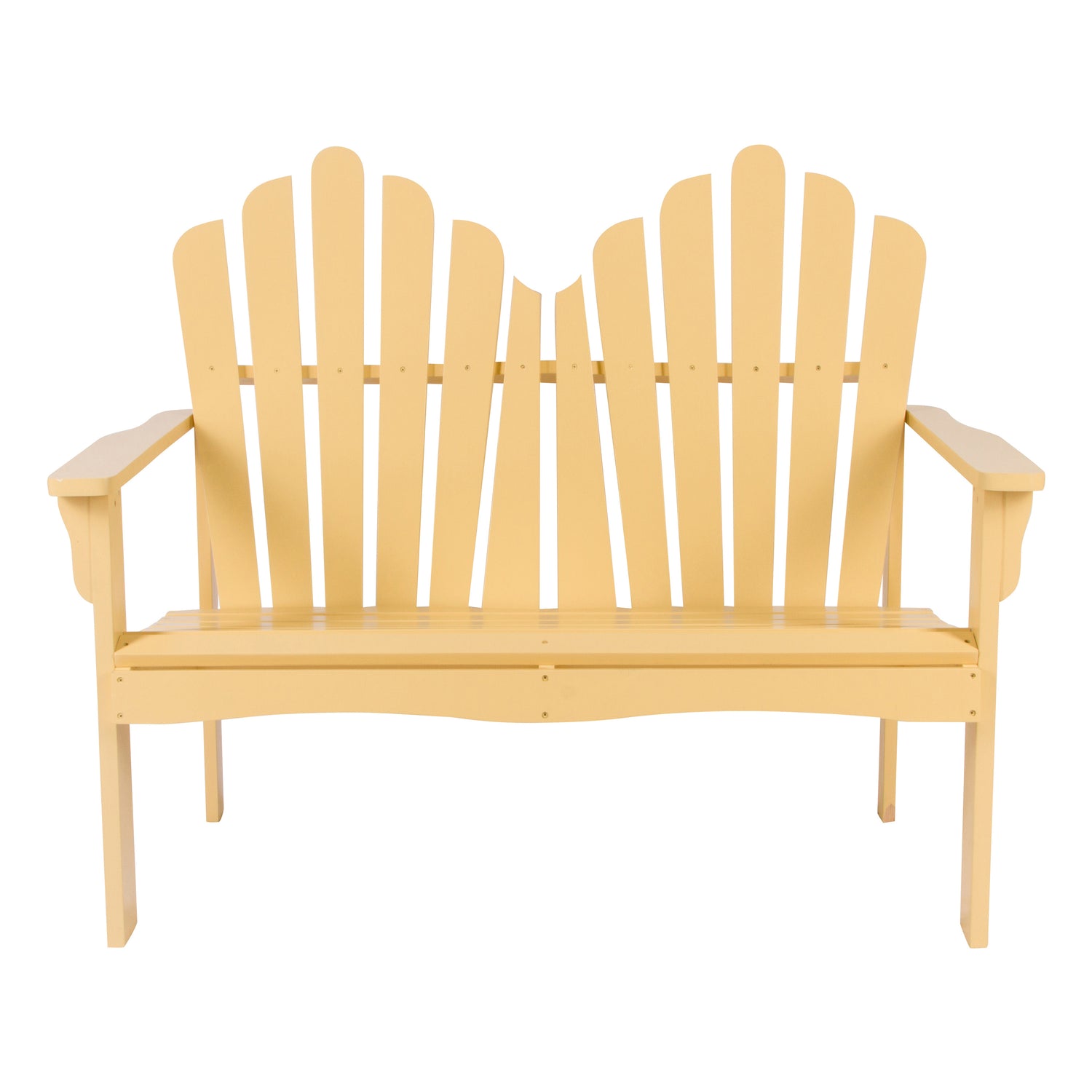 A light pastel yellow wood Adirondack-style garden bench with a high slatted back and armrests, shown against a plain white background.