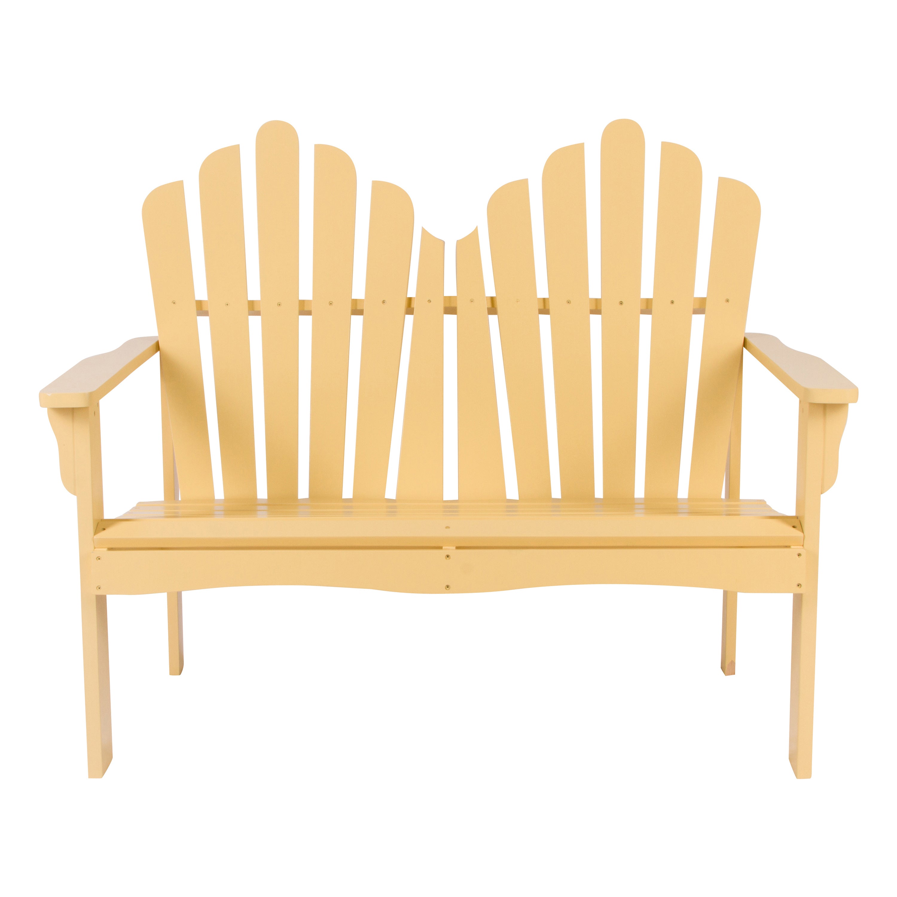 A light pastel yellow wood Adirondack-style garden bench with a high slatted back and armrests, shown against a plain white background.
