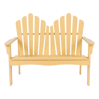 A light pastel yellow wood Adirondack-style garden bench with a high slatted back and armrests, shown against a plain white background.