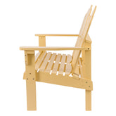 A light pastel yellow wood Adirondack-style outdoor chair shown from a three-quarters angle against a plain white background.