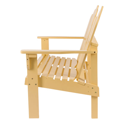 A light pastel yellow wood Adirondack-style outdoor chair shown from a three-quarters angle against a plain white background.