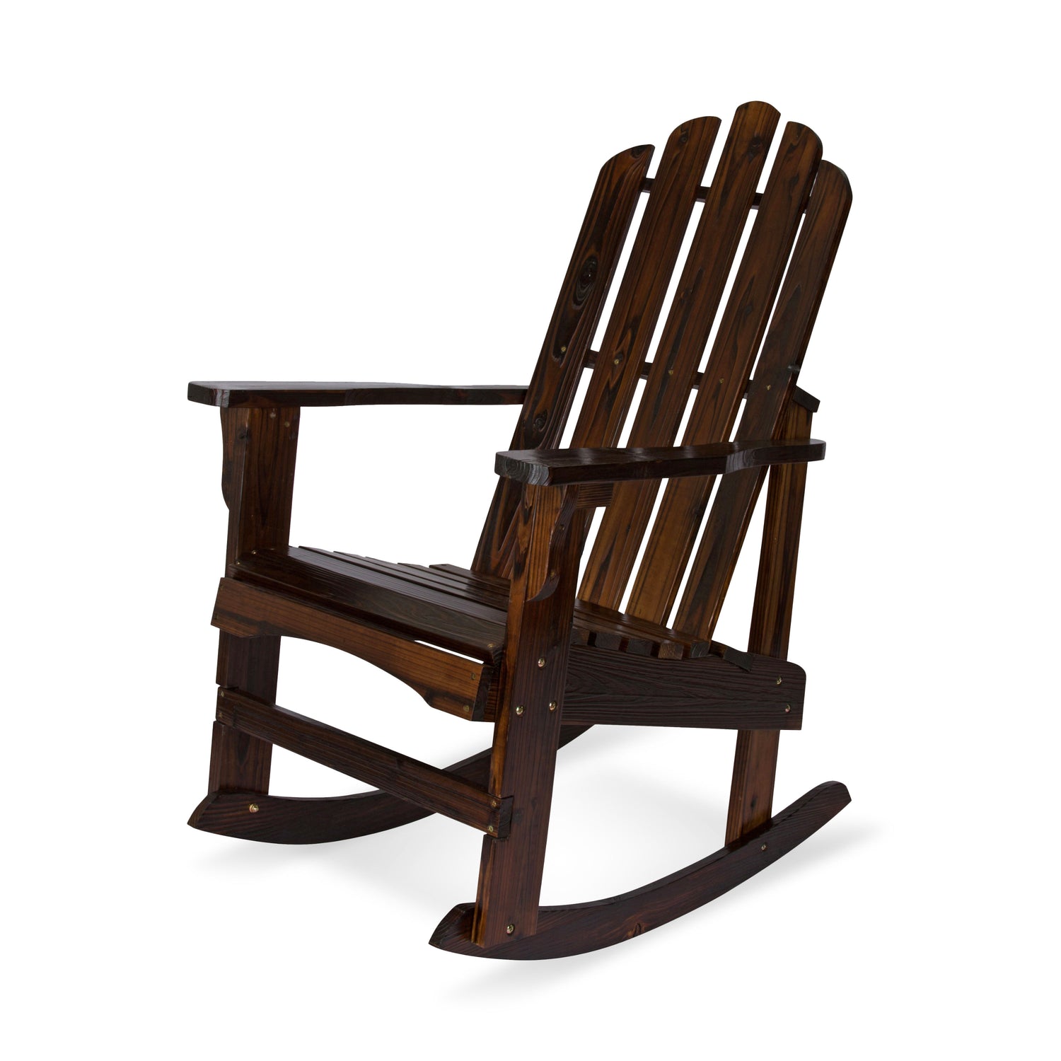 A dark brown wooden Adirondack-style rocking chair with a high slatted back and curved rockers, shown on a plain white background. 