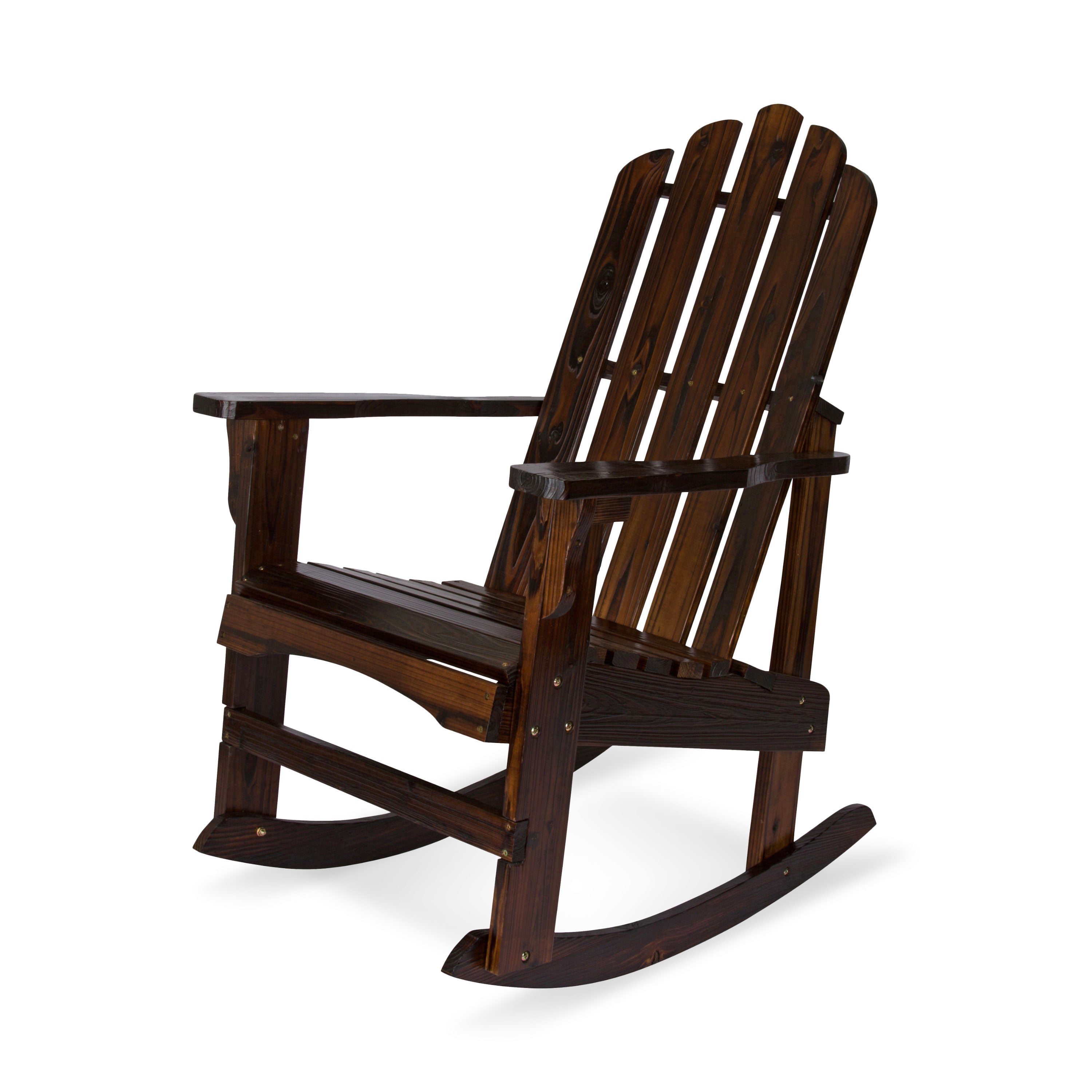 A dark brown wooden Adirondack-style rocking chair with a high slatted back and curved rockers, shown on a plain white background. 