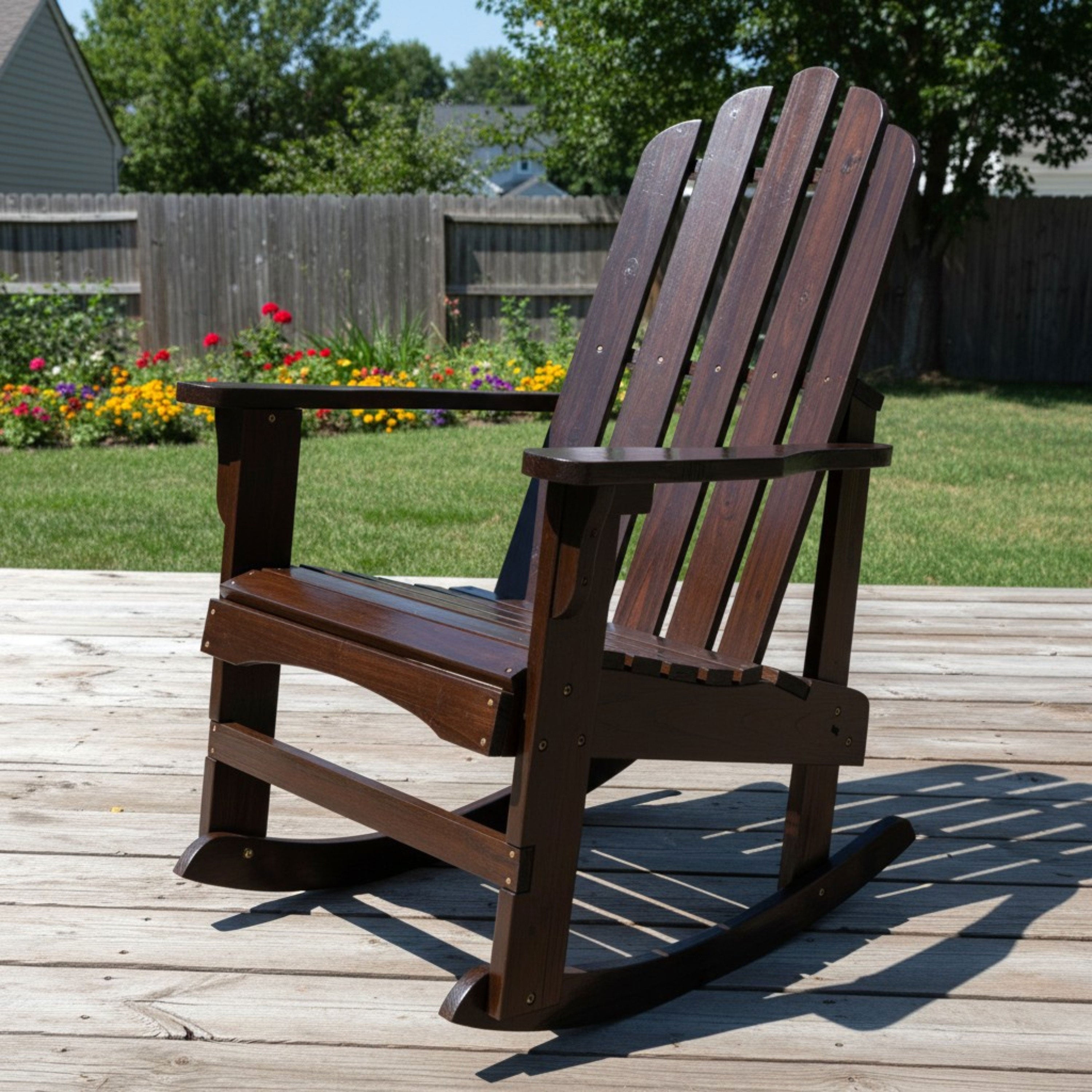A dark brown wooden Adirondack-style rocking chair placed on a light wood deck in a backyard with grass, trees, and flowers visible in the background. 