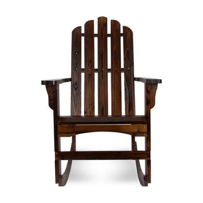 A dark brown wooden Adirondack-style rocking chair with a slatted back and curved rockers, shown against a plain white background. 