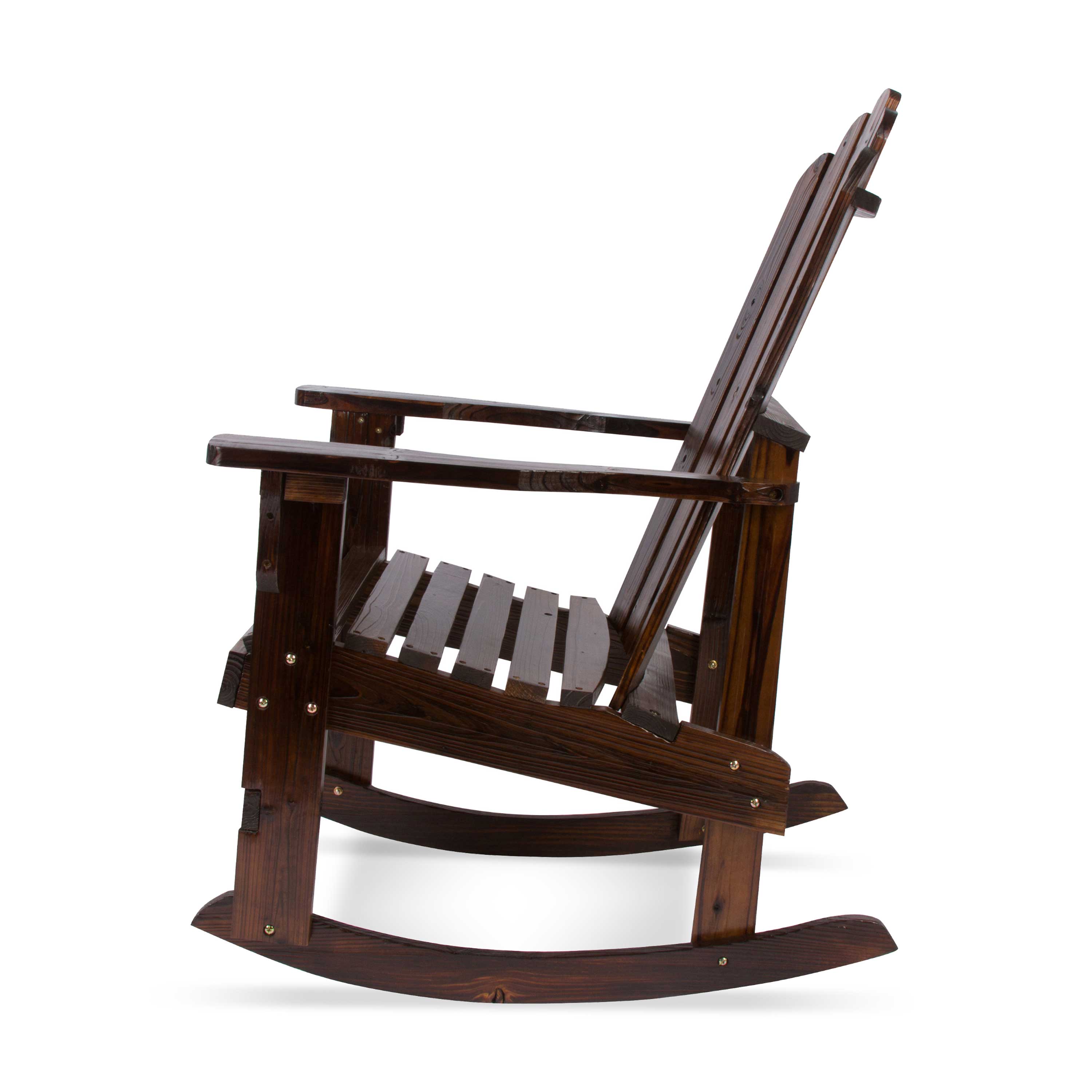 A dark brown wooden rocking chair shown from a side angle against a plain white background. 