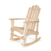 A natural light wood Adirondack-style rocking chair shown on a clean white background. 
