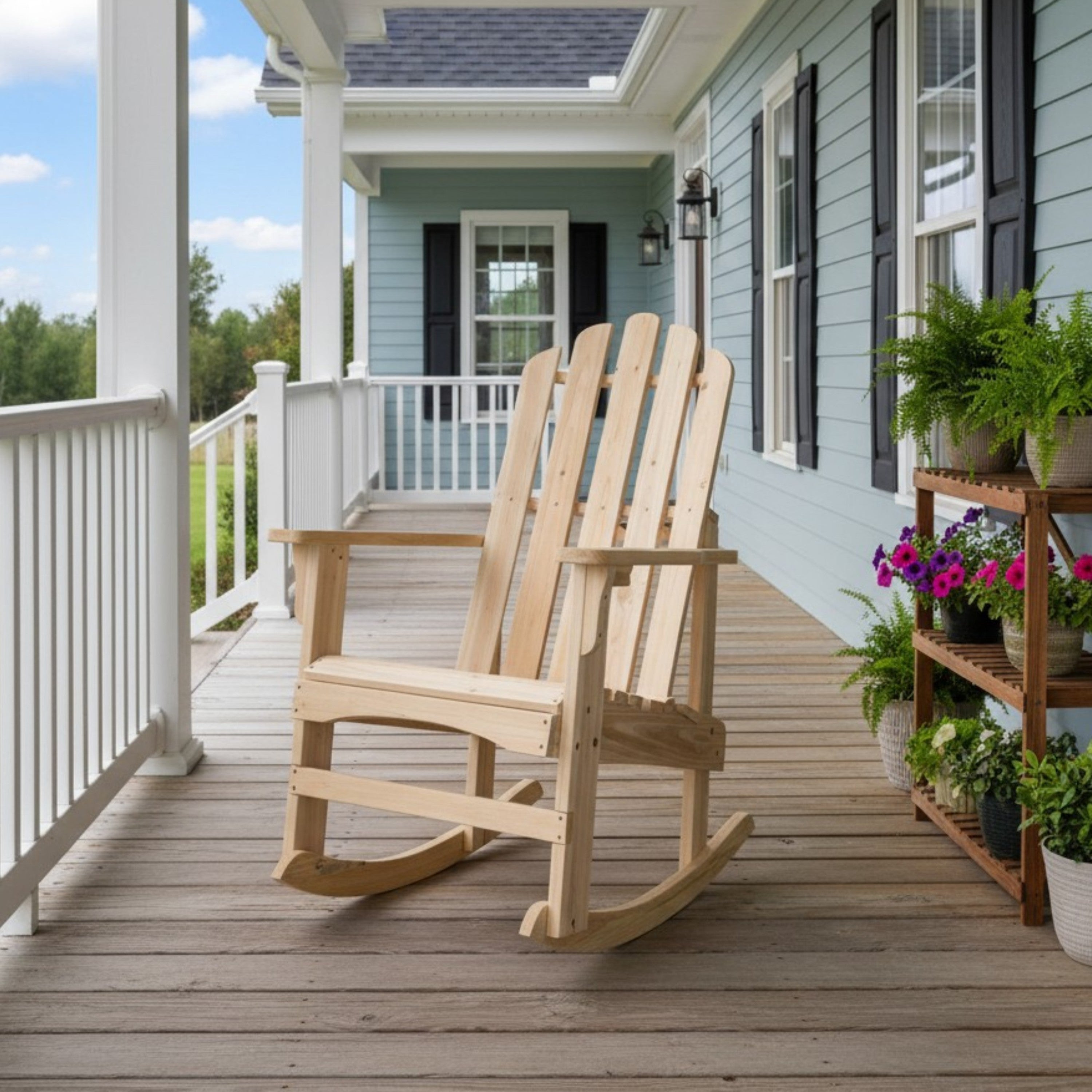 A natural light wood Adirondack-style rocking chair sits on a wooden front porch of a light blue house with white railings and potted plants. 