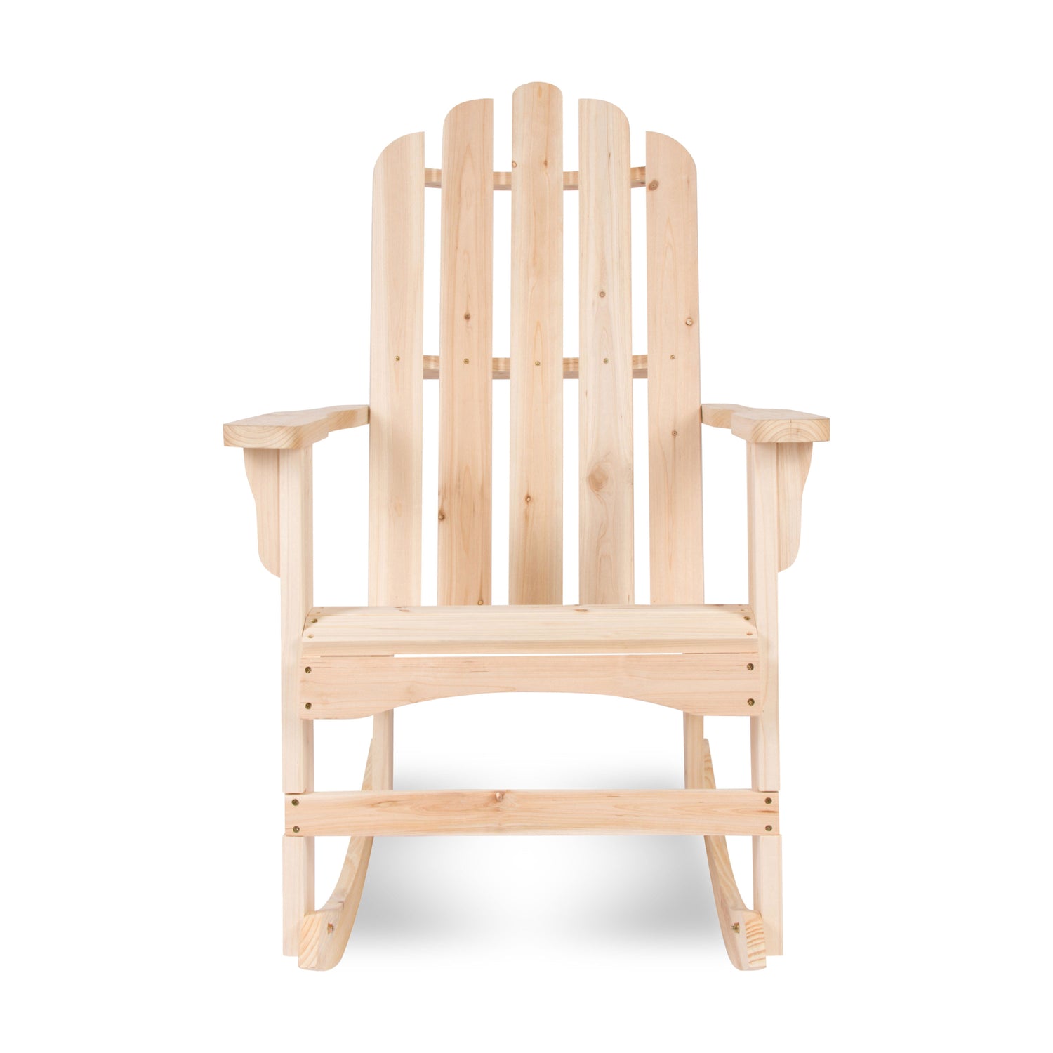 A light natural wood Adirondack-style rocking chair shown from the front on a plain white background. 