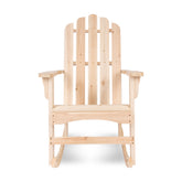 A light natural wood Adirondack-style rocking chair shown from the front on a plain white background. 