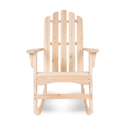 A light natural wood Adirondack-style rocking chair shown from the front on a plain white background. 