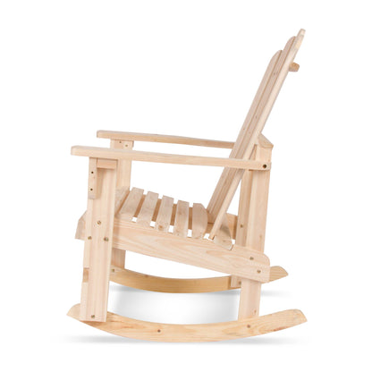 A light natural wood rocking chair with a slatted back and seat, shown from a three-quarter angle on a white background. 