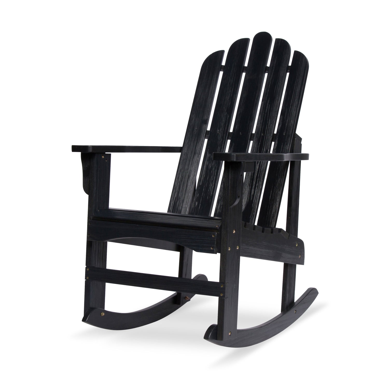 A black outdoor Adirondack-style rocking chair shown from a three-quarter angle on a clean white background. 