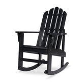 A black outdoor Adirondack-style rocking chair shown from a three-quarter angle on a clean white background. 