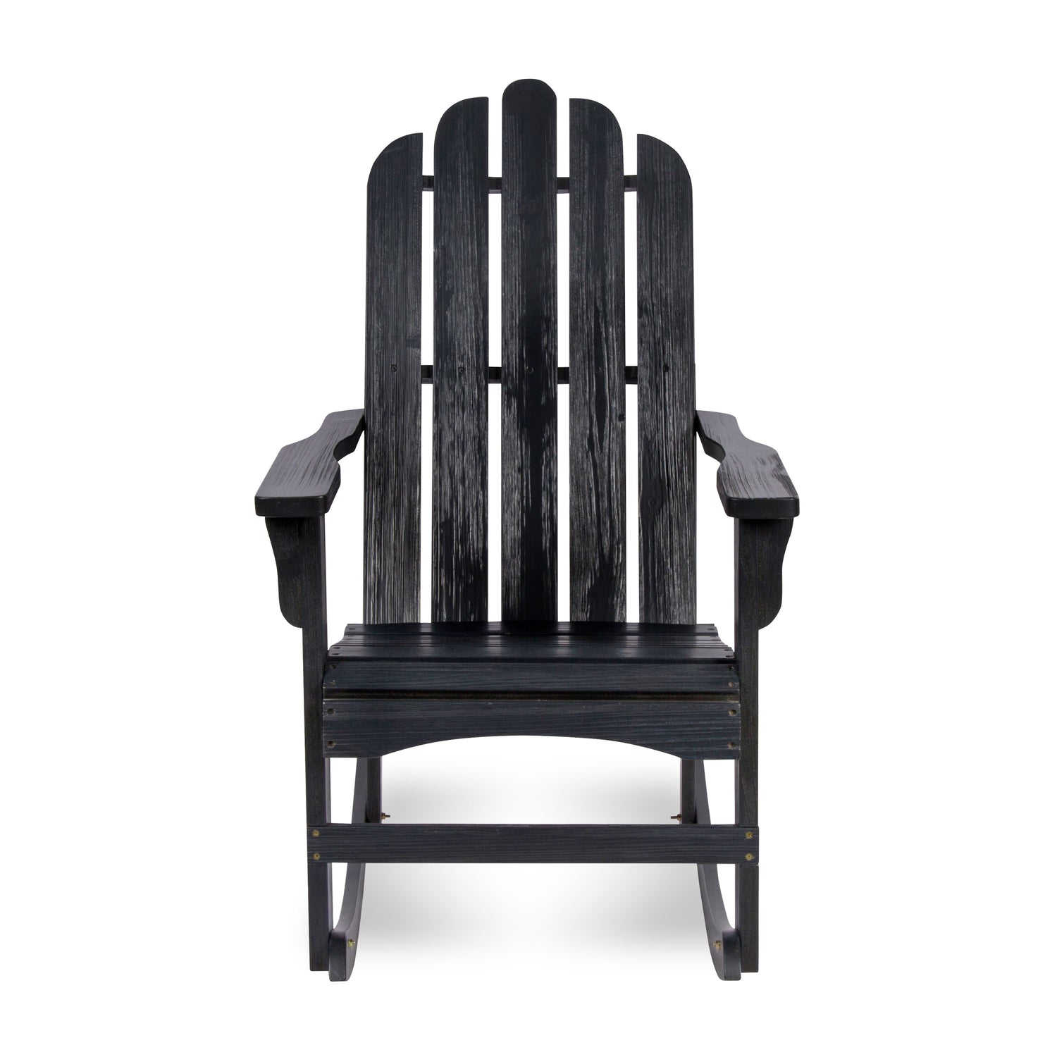 A black Adirondack-style rocking chair with a distressed wood-look finish, shown from the front against a plain white background. 