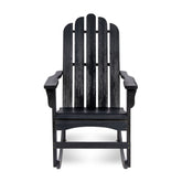 A black Adirondack-style rocking chair with a distressed wood-look finish, shown from the front against a plain white background. 