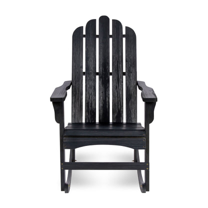 A black Adirondack-style rocking chair with a distressed wood-look finish, shown from the front against a plain white background. 
