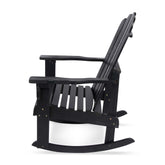 A black wooden Adirondack-style rocking chair shown from a side profile view against a plain white background. 