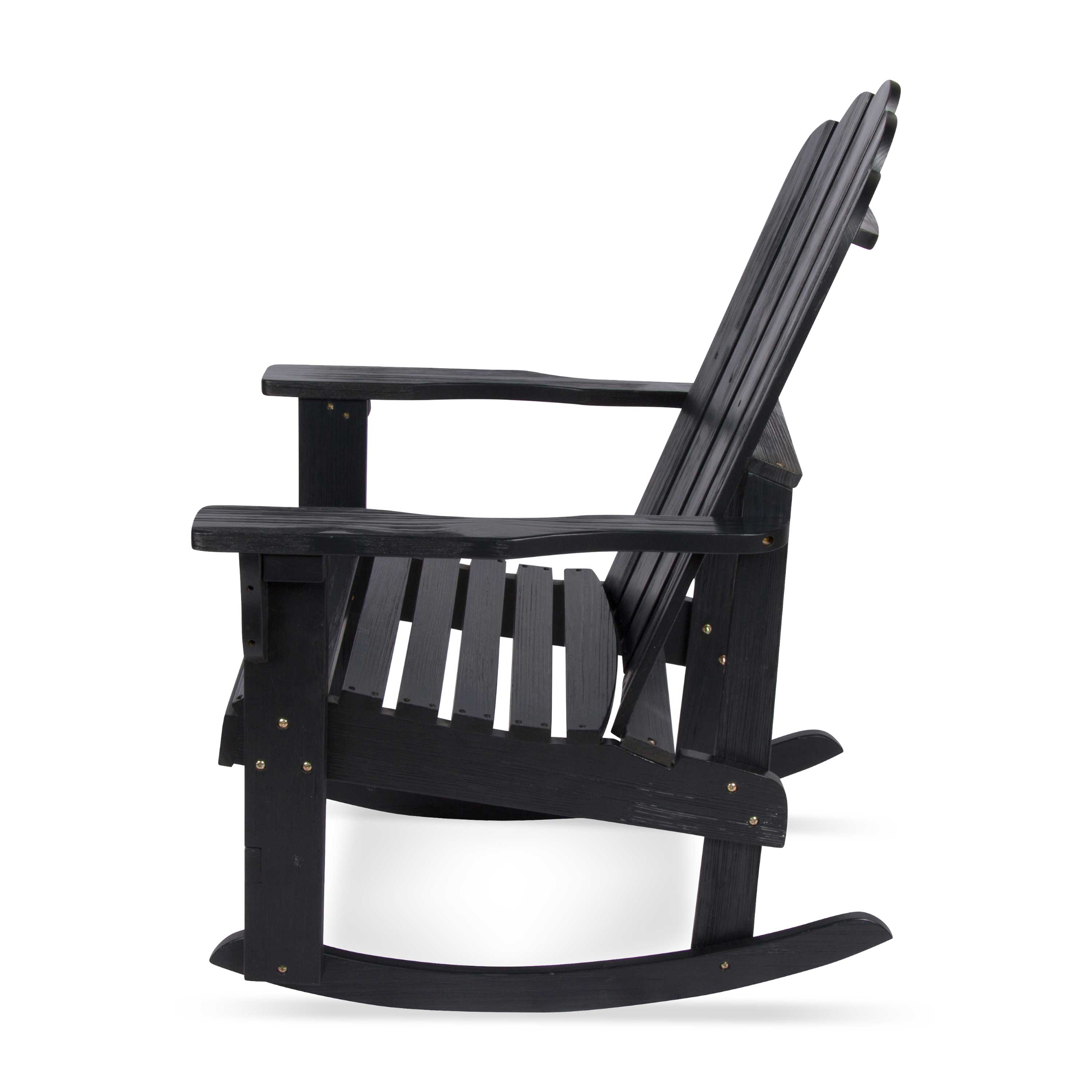 A black wooden Adirondack-style rocking chair shown from a side profile view against a plain white background. 