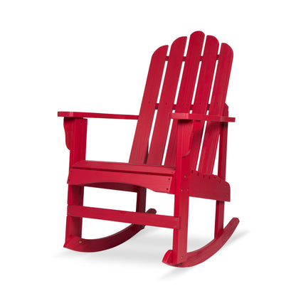 A bright red Adirondack-style rocking chair shown on a clean white background. 