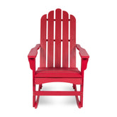 A bright red Adirondack-style rocking chair with a tall slatted back and wide armrests, shown centered on a plain white background. 