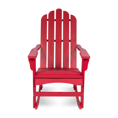 A bright red Adirondack-style rocking chair with a tall slatted back and wide armrests, shown centered on a plain white background. 