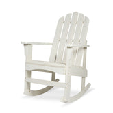 A white Adirondack-style rocking chair shown from a three-quarter angle on a clean white background. 
