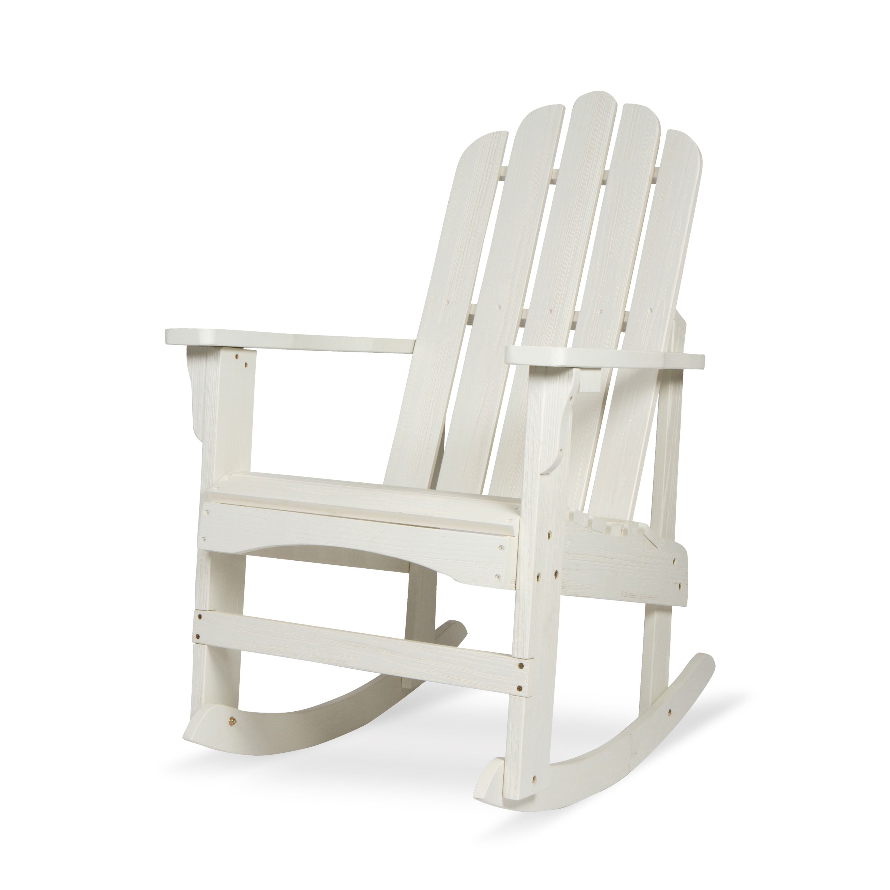 A white Adirondack-style rocking chair shown from a three-quarter angle on a clean white background. 