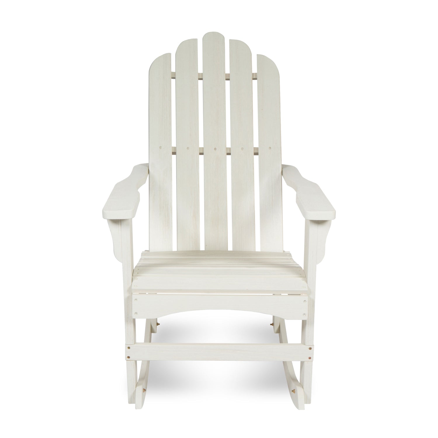 A white Adirondack-style rocking chair with a high slatted back and wide armrests, shown from the front on a plain white background. 