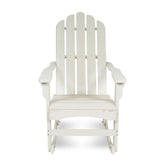 A white Adirondack-style rocking chair with a high slatted back and wide armrests, shown from the front on a plain white background. 