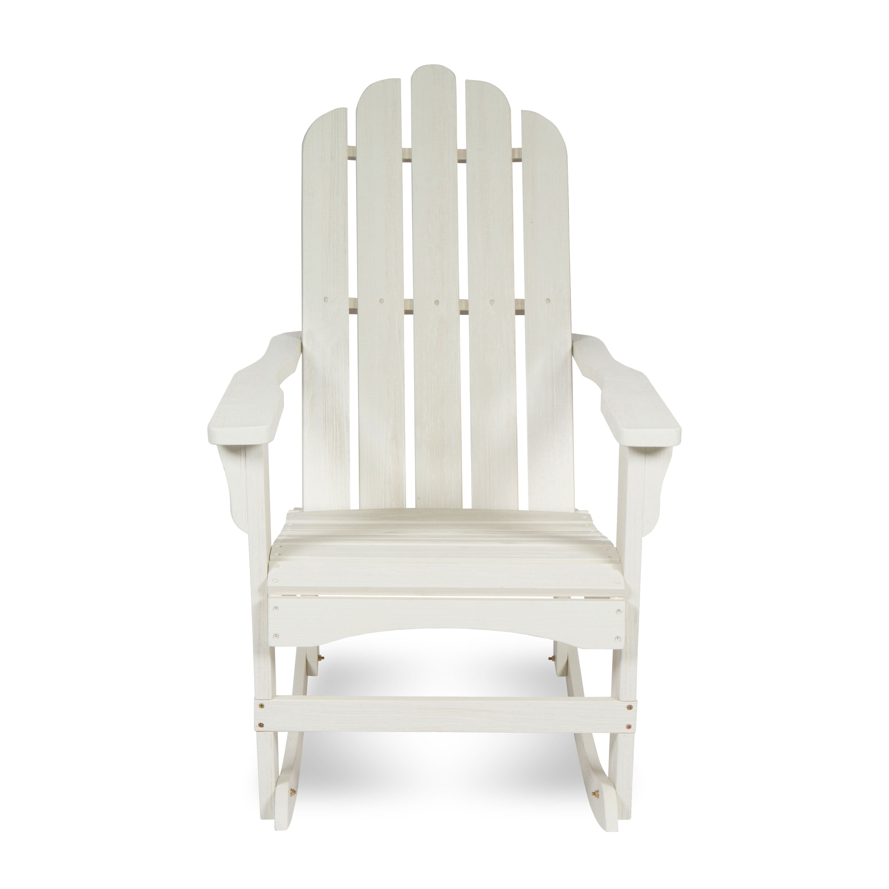 A white Adirondack-style rocking chair with a high slatted back and wide armrests, shown from the front on a plain white background. 