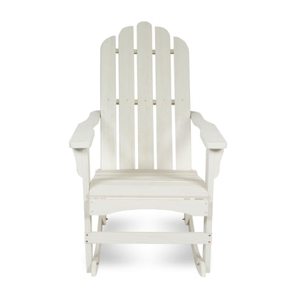 A white Adirondack-style rocking chair with a high slatted back and wide armrests, shown from the front on a plain white background. 