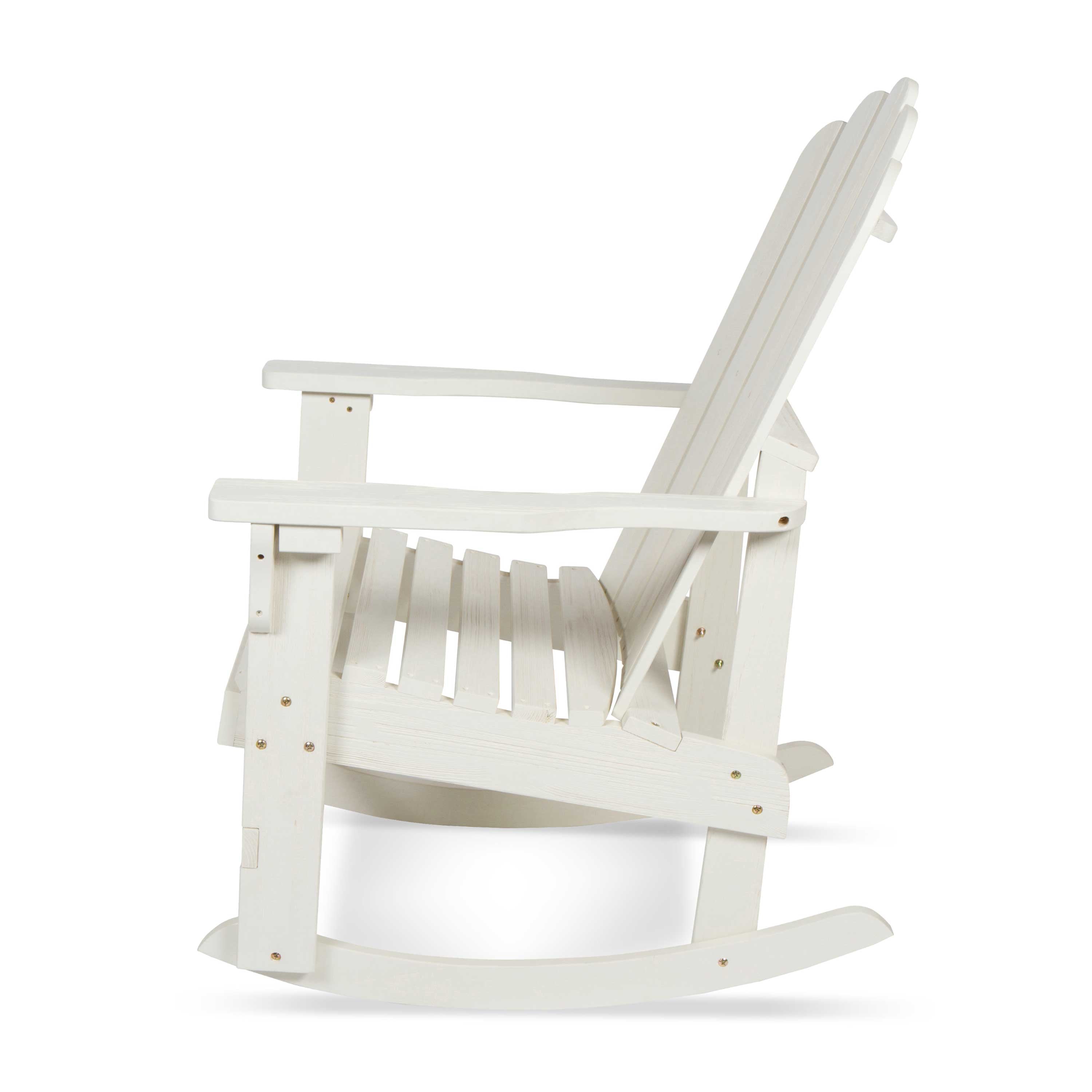A white wooden Adirondack-style rocking chair shown from a side angle against a plain white background. 