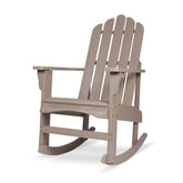 A single Adirondack-style rocking chair in a uniform warm gray-brown taupe color, shown from a three-quarters angle on a clean white background. 