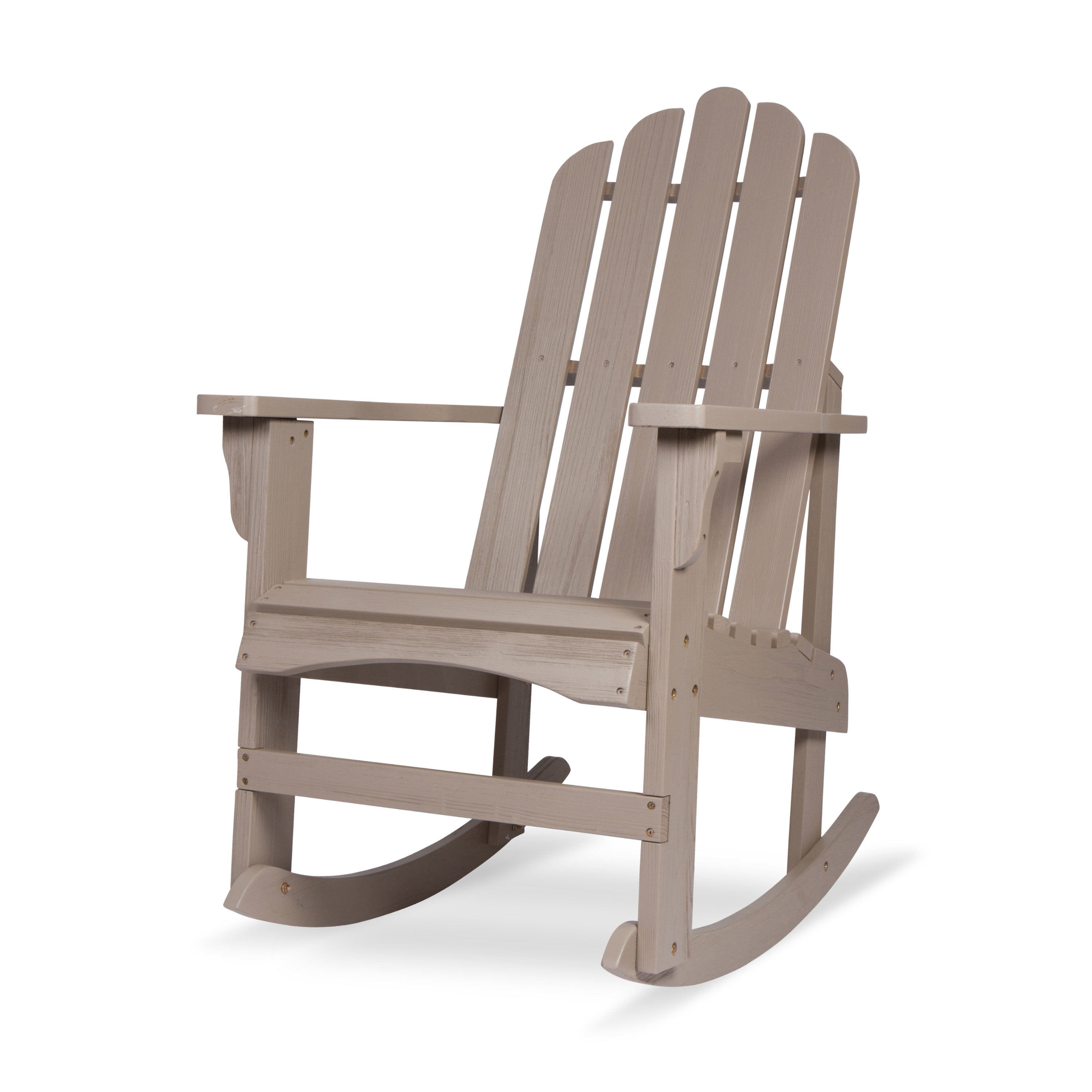 A single Adirondack-style rocking chair in a uniform warm gray-brown taupe color, shown from a three-quarters angle on a clean white background. 