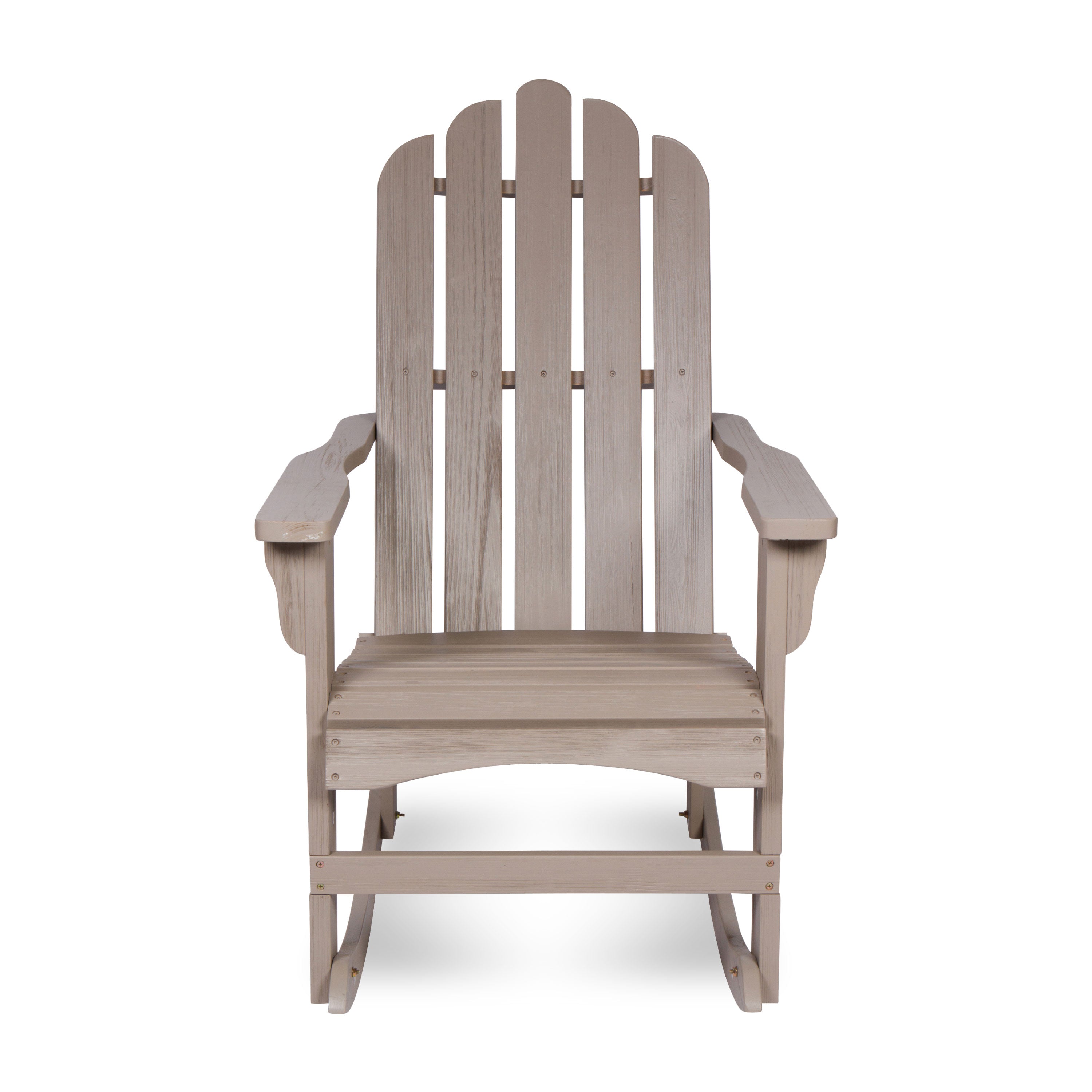 A single Adirondack-style rocking chair in a light weathered gray-brown finish, shown from the front against a plain white background. 
