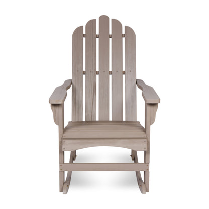 A single Adirondack-style rocking chair in a light weathered gray-brown finish, shown from the front against a plain white background. 