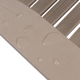 Close-up of a beige slatted surface with water droplets beading on the top rail, showing a waterproof or water-repellent finish against a white background. 
