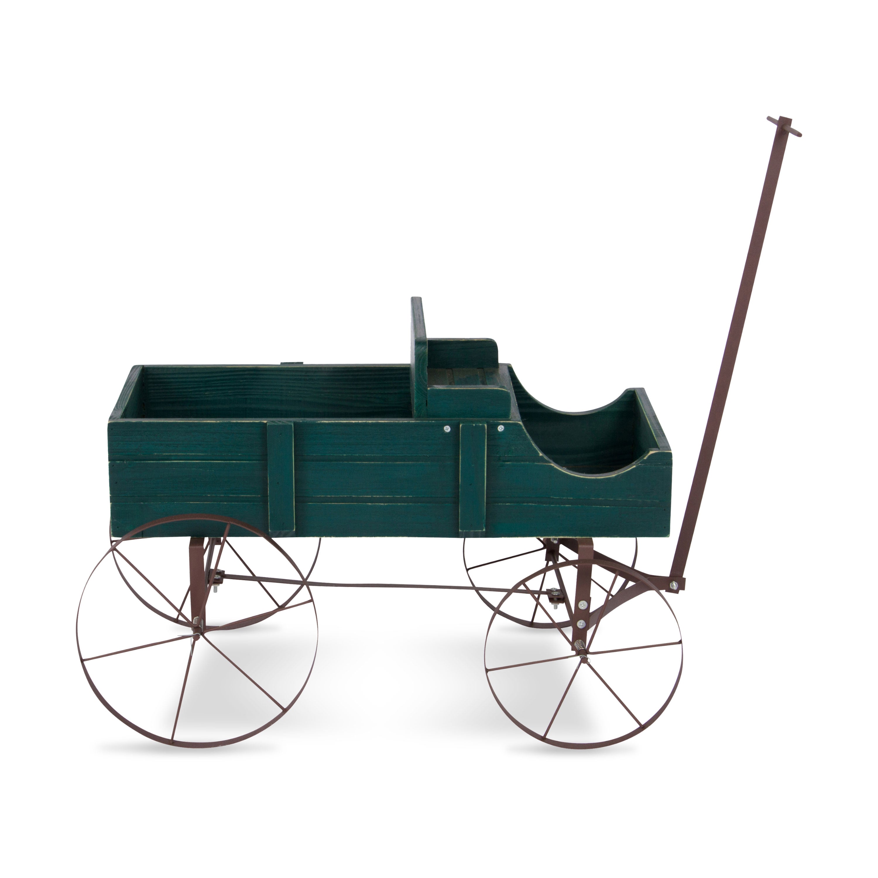 A vintage-style wooden carriage or pram with a dark green painted body and a brown metal frame, including four spoked wheels and a long handle, shown on a plain white background. 