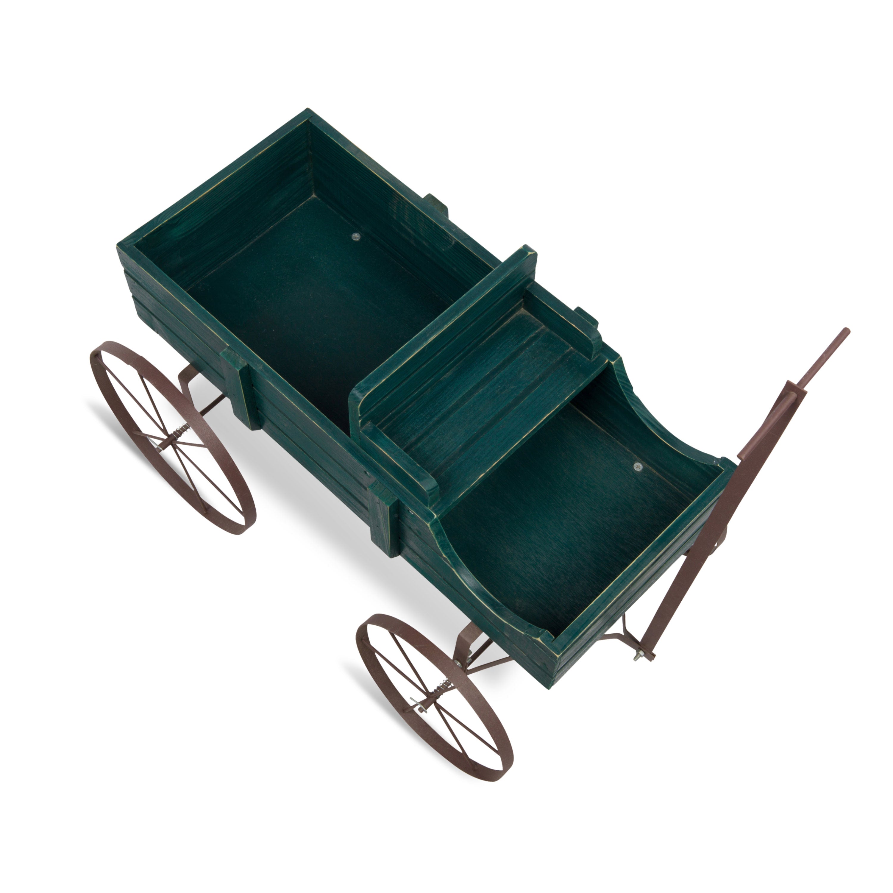 A miniature dark green plastic toy wagon with brown metal wheels and handle, shown on a plain white background. 