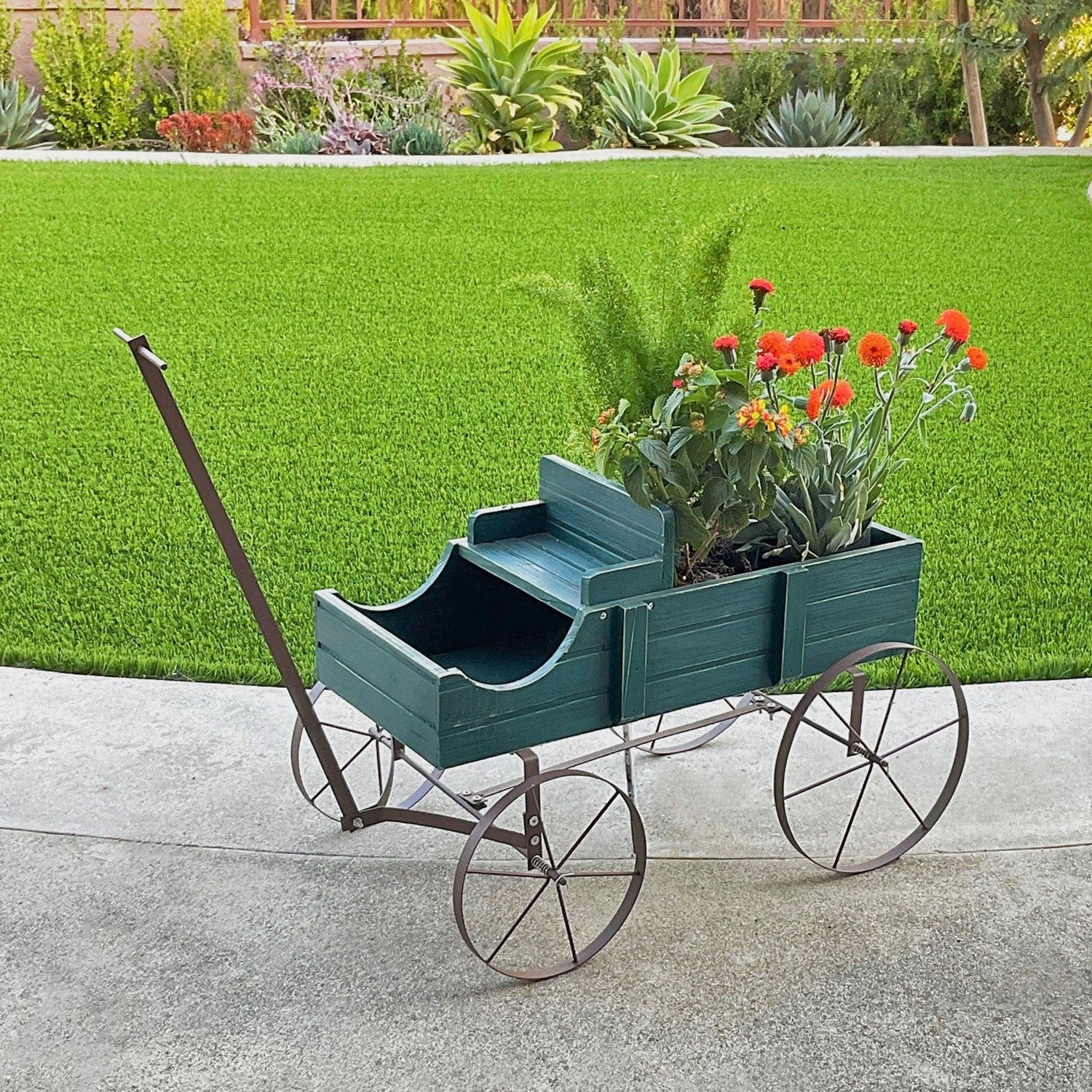 Decorative Buckboard Wagon Garden Planter, Small, Green