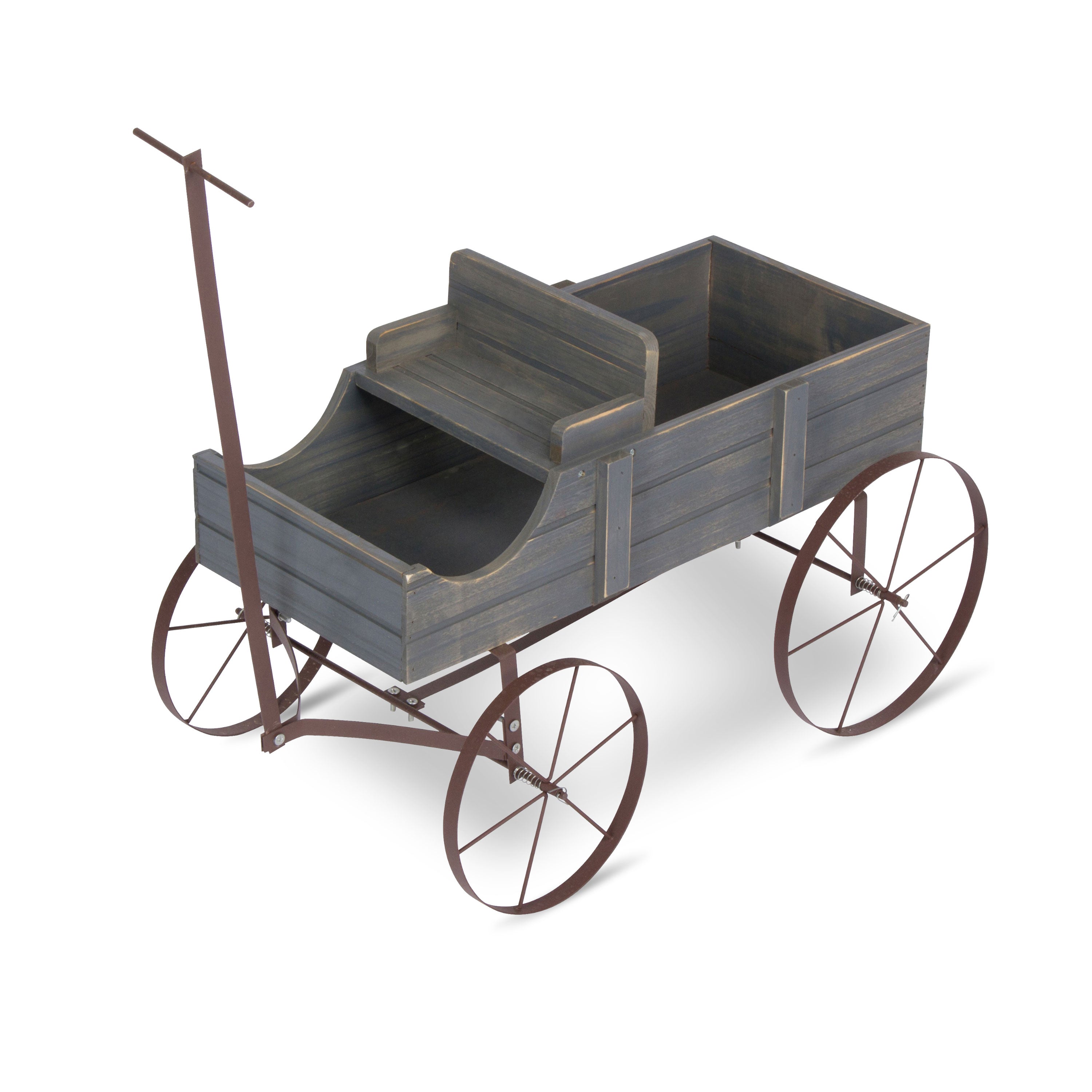 A rustic decorative wooden wagon planter with a dark gray weathered wood body and dark brown metal wheels and handle, shown on a white background.  