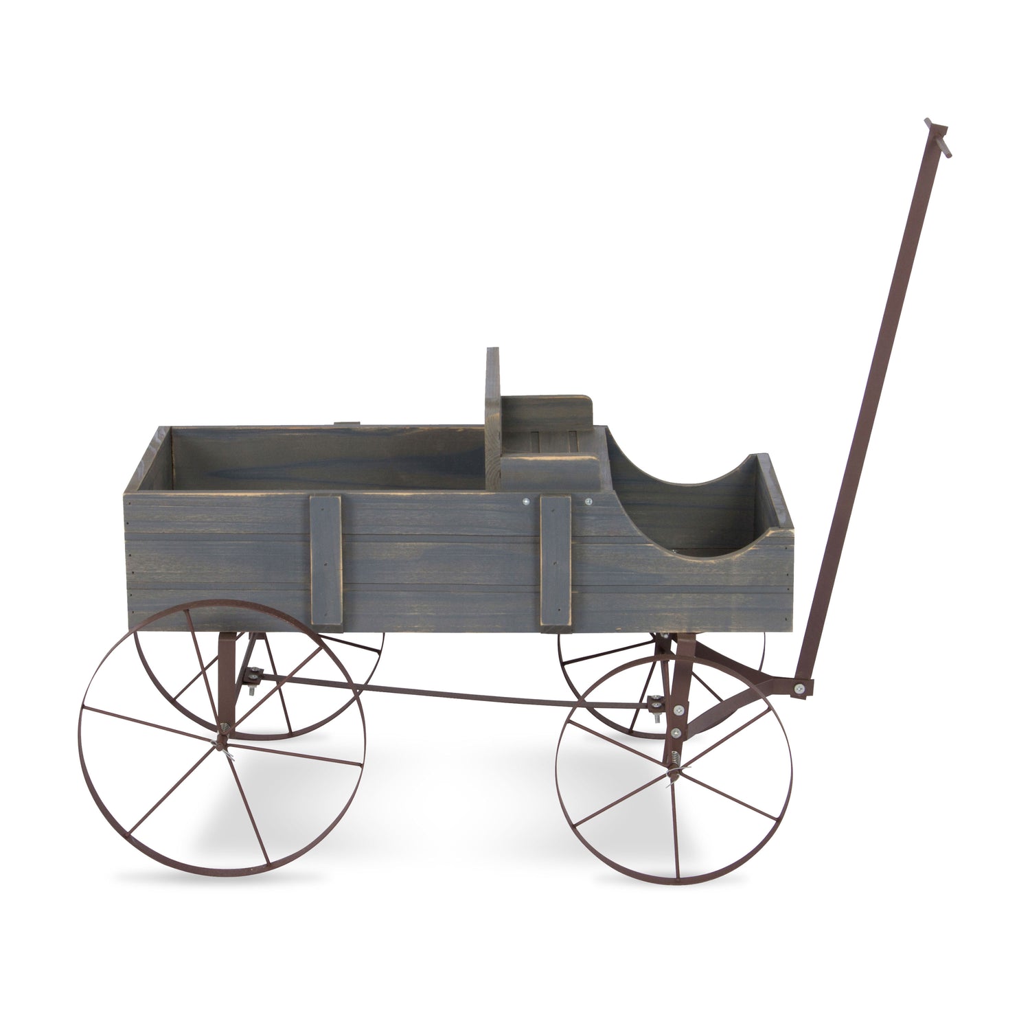 A rustic decorative wagon or cart with a weathered gray wooden body and dark brown metal frame, wheels, and handle, shown on a plain white background.  