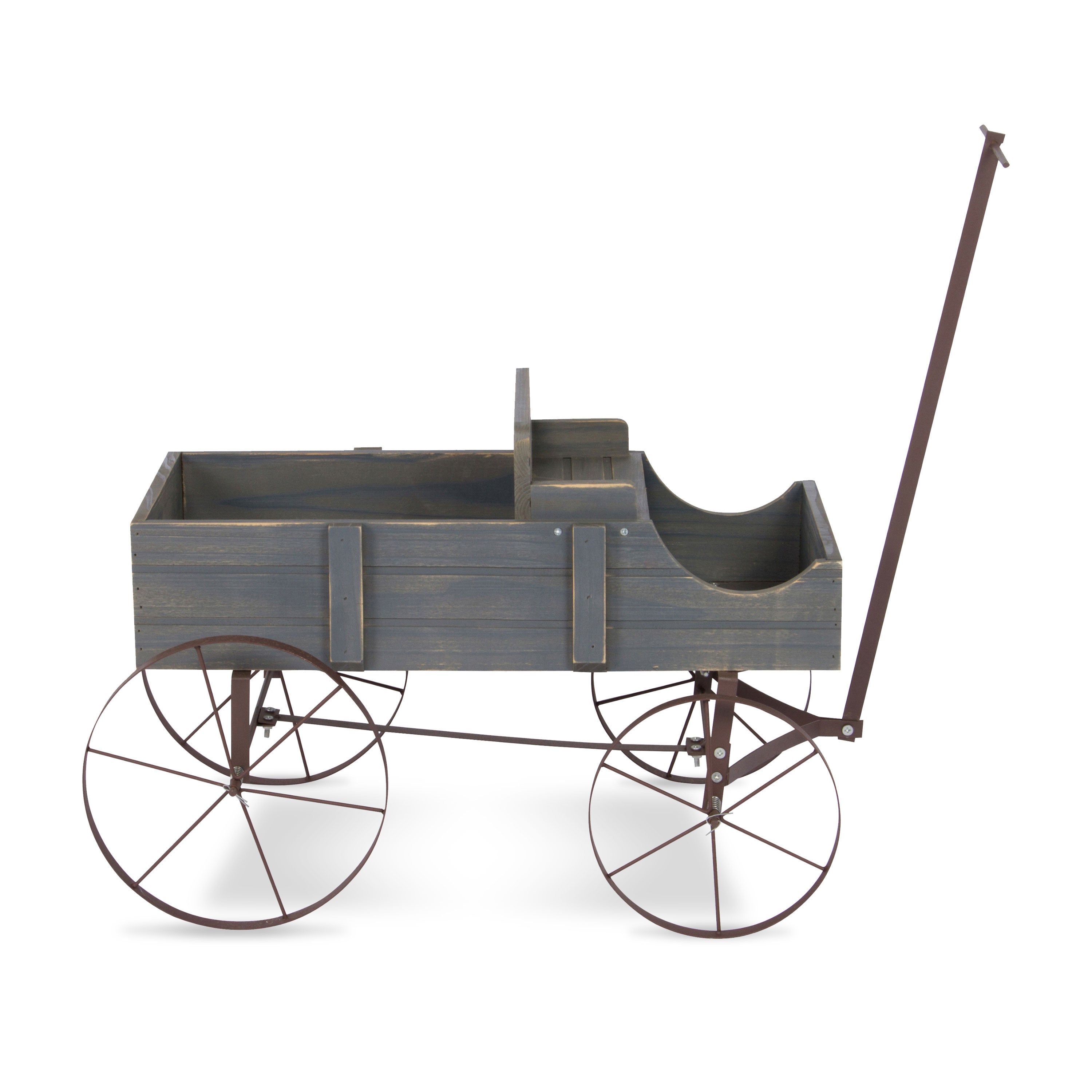 A rustic decorative wagon or cart with a weathered gray wooden body and dark brown metal frame, wheels, and handle, shown on a plain white background.  