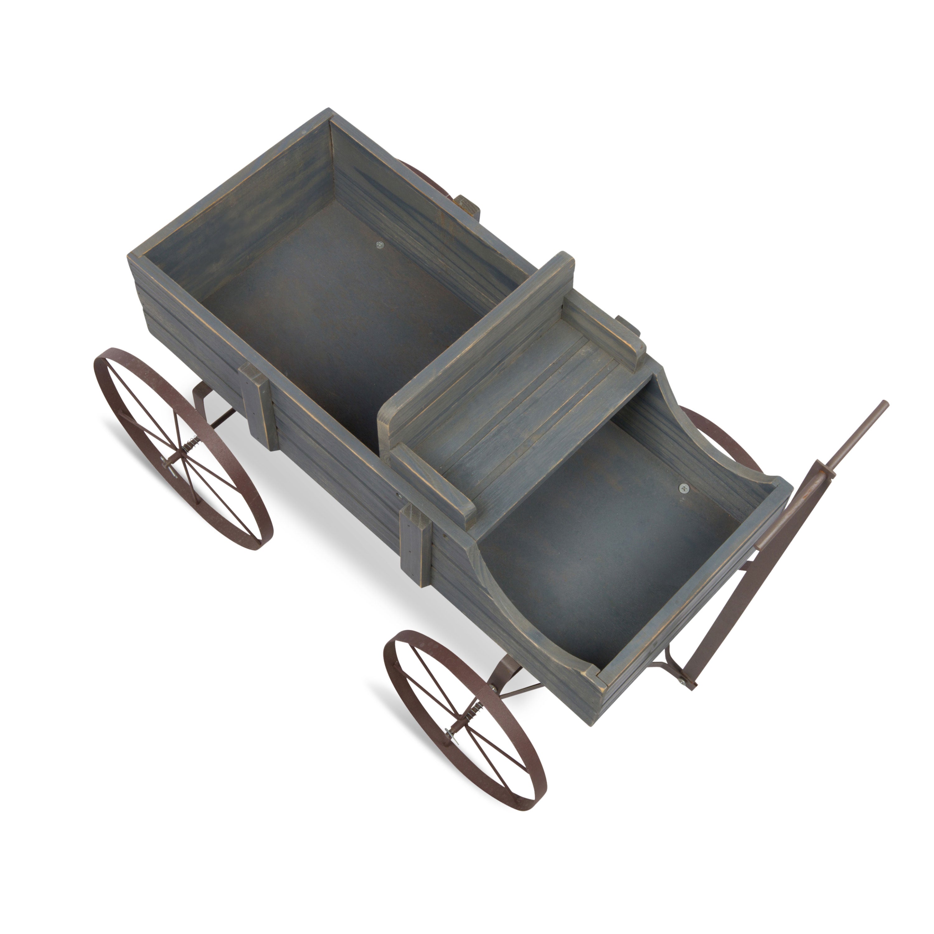 A rustic wooden wagon with a weathered gray-brown finish and dark metal wheels, shown on a plain white background.  