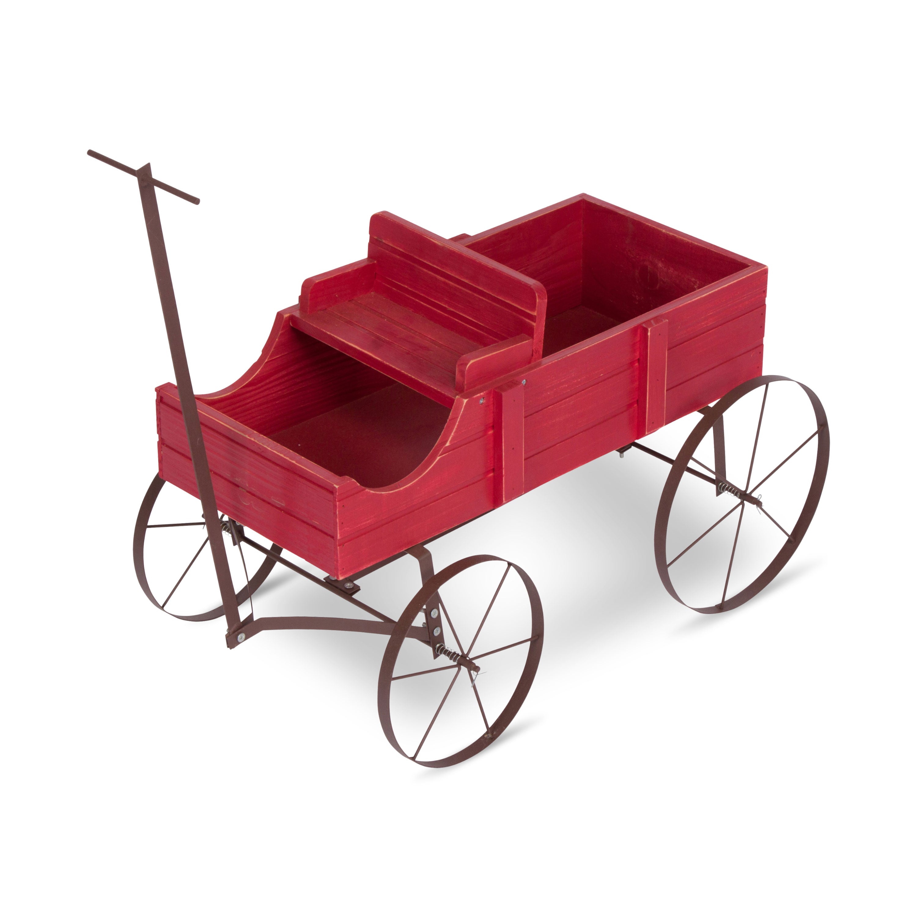 A red wooden toy wagon with a dark brown metal frame, three wheels, and a push handle, shown on a white background. 