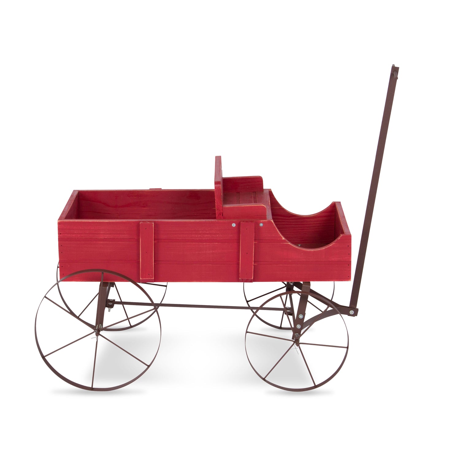 A red wooden baby carriage or pram with a dark brown metal frame and large spoked wheels, shown from the side on a white background. 