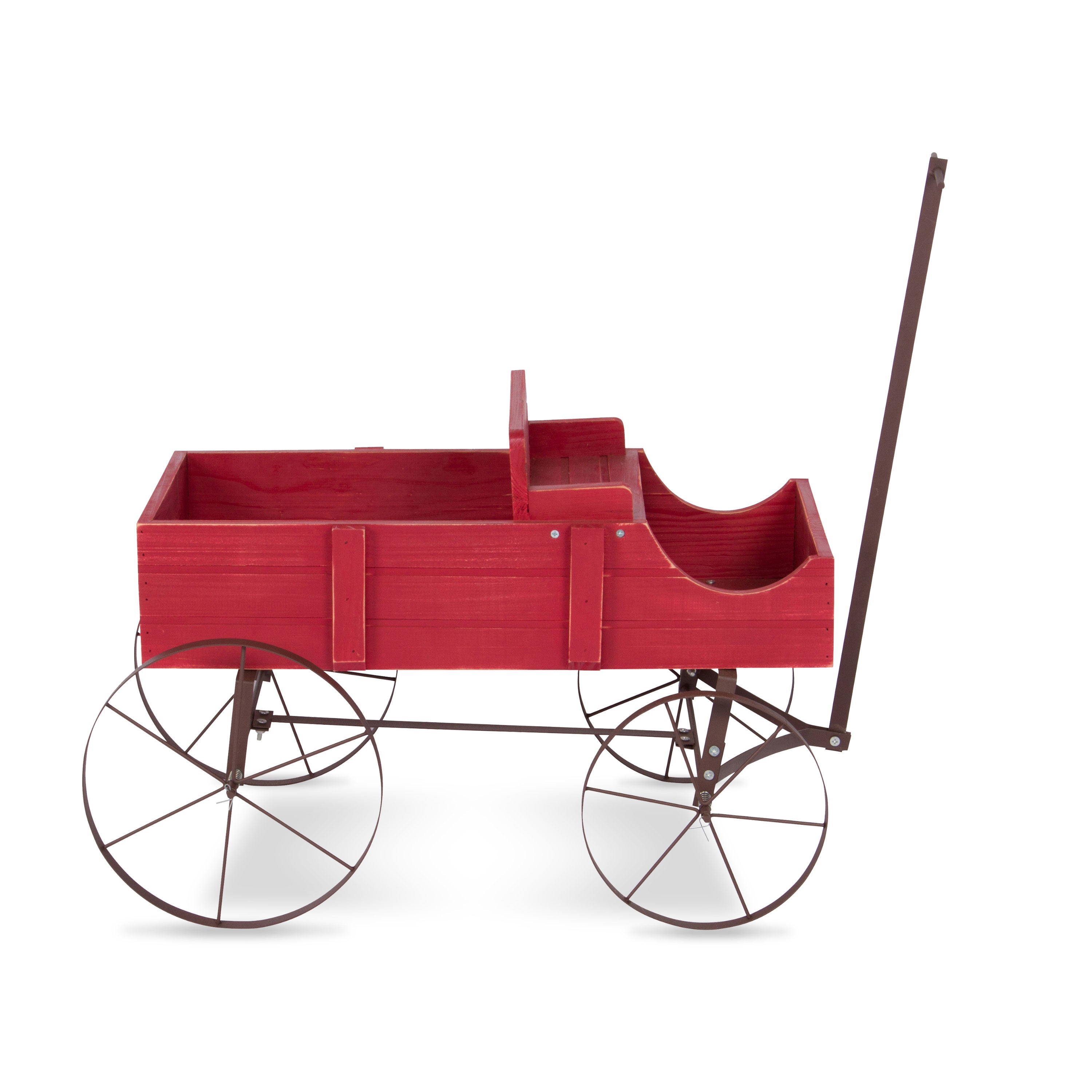 A red wooden baby carriage or pram with a dark brown metal frame and large spoked wheels, shown from the side on a white background. 