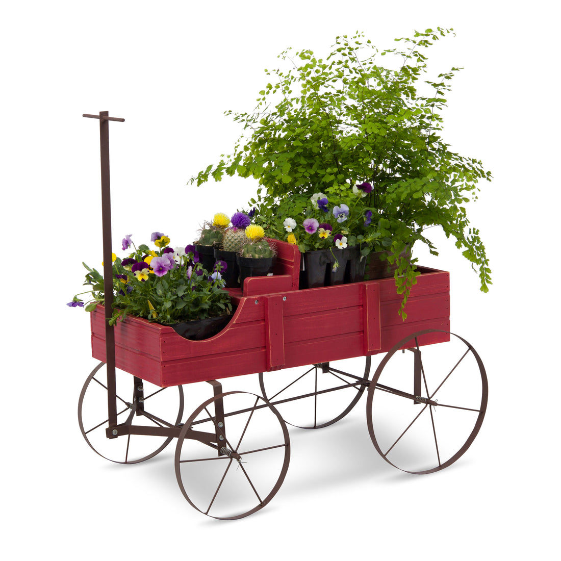 A red wooden wagon-style planter with dark metal wheels and a vertical handle, filled with green plants and colorful flowers, shown on a white background. 
