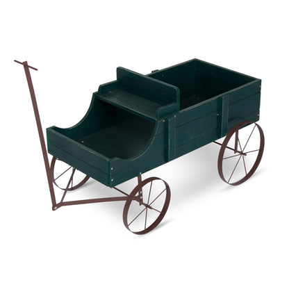 A dark green wooden garden cart with a brown metal frame, three wheels, and a push handle, shown on a white background.  